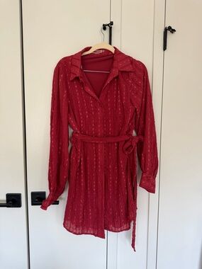 Vici Red Long Sleeve Belted Shirt Dress